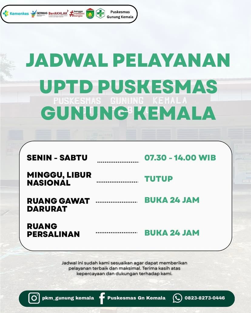 Jadwal dan Jenis-Jenis Pelayanan UPTD Puskesmas Gunung Kemala